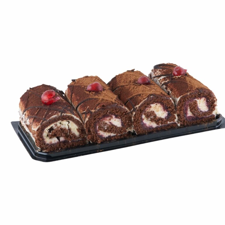 Just Baked Mini Black Forest Milky Swiss Rolls, soft sponge with creamy milk filling, chocolate and cherry topping, kosher dessert
